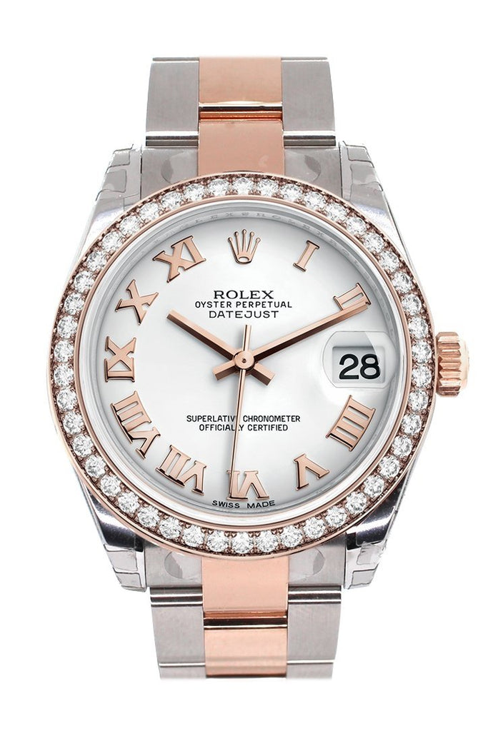 Custom Diamond Bezel Rolex Datejust 31 White Roman Dial 18K Rose Gold Two Tone Ladies Watch 178241