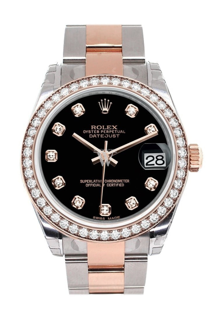 Custom Diamond Bezel Rolex Datejust 31 Black Dial 18K Rose Gold Two Tone Ladies Watch 178241
