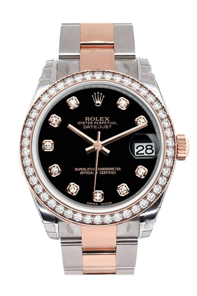 Custom Diamond Bezel Rolex Datejust 31 Black Dial 18K Rose Gold Two Tone Ladies Watch 178241