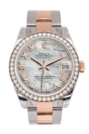 Custom Diamond Bezel Rolex Datejust 31 White Mother Of Pearl Roman Dial 18K Rose Gold Two Tone