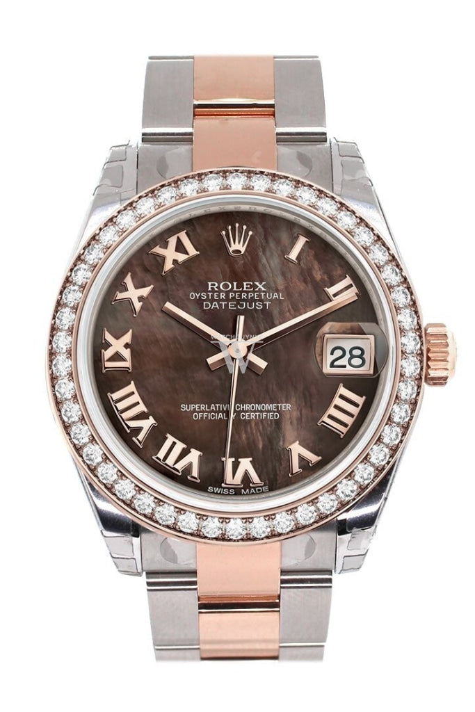 Custom Diamond Bezel Rolex Datejust 31 Black Mother Of Pearl Roman Dial 18K Rose Gold Two Tone
