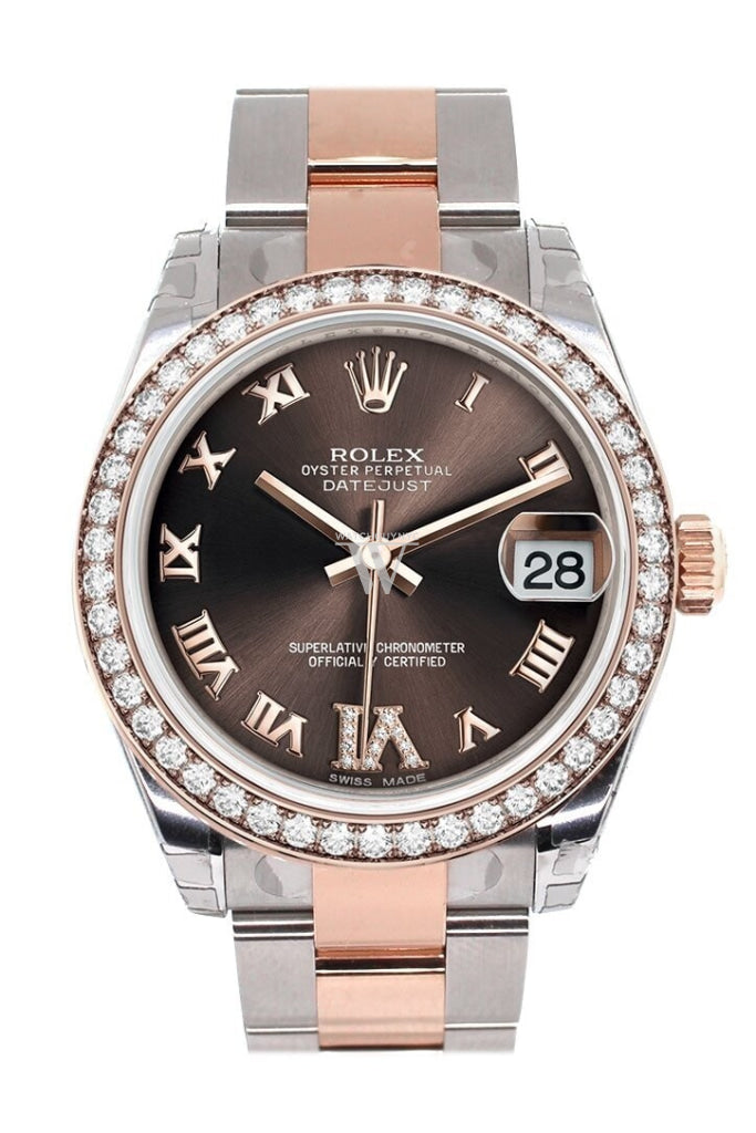 Custom Diamond Bezel Rolex Datejust 31 Chocolate Roman Large Vi Set With Dial 18K Rose Gold Two Tone