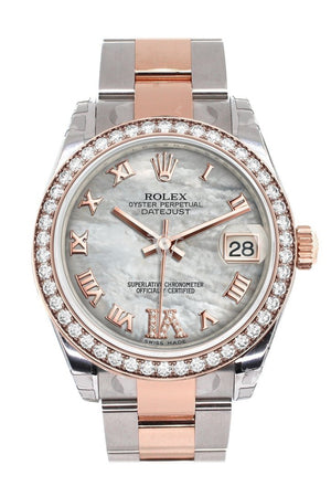 Custom Diamond Bezel Rolex Datejust 31 White Mother Of Pearl Roman Large Vi Set With Dial 18K Rose