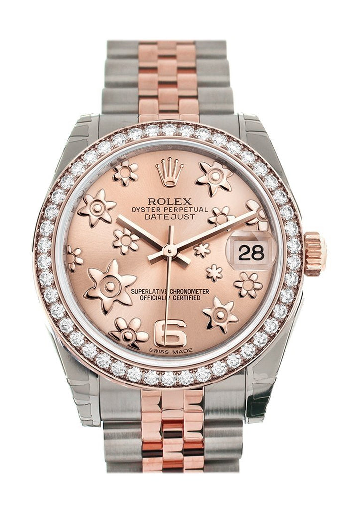 Custom Diamond Bezel Rolex Datejust 31 Pink Raised Floral Motif Dial 18K Rose Gold Two Tone Jubilee