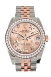 Custom Diamond Bezel Rolex Datejust 31 Pink Raised Floral Motif Dial 18K Rose Gold Two Tone Jubilee