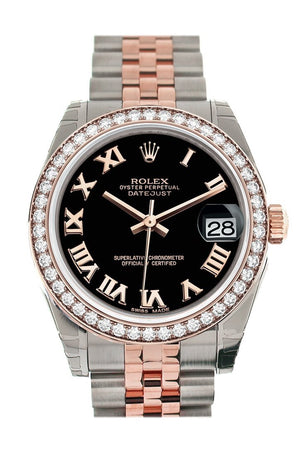 Custom Diamond Bezel Rolex Datejust 31 Black Roman Dial 18K Rose Gold Two Tone Jubilee Ladies Watch