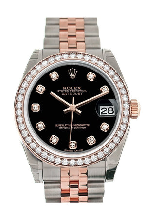 Custom Diamond Bezel Rolex Datejust 31 Black Dial 18K Rose Gold Two Tone Jubilee Ladies Watch 178241