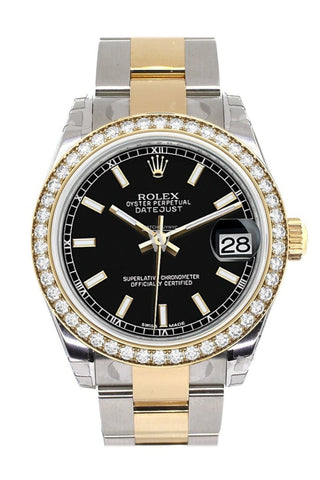 Custom Diamond Bezel Rolex Datejust 31 Black Dial Ladies Watch Two Tone 18K Gold 178243 Custom-Bezel