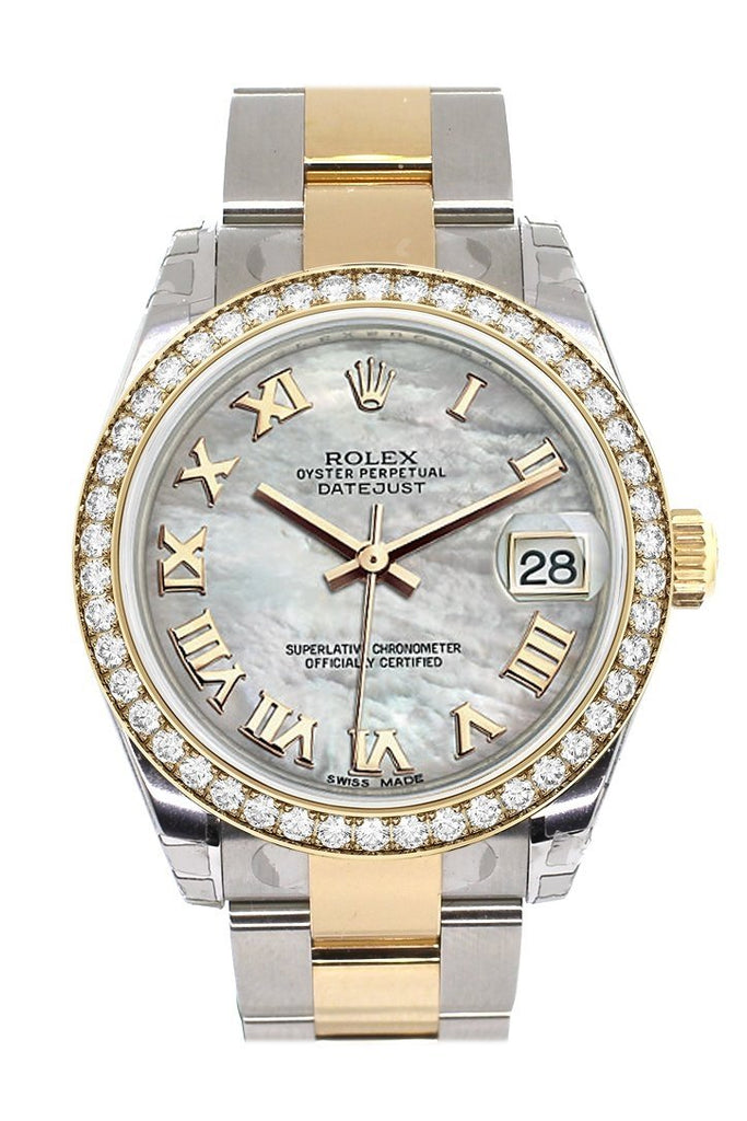 Custom Diamond Bezel Rolex Datejust 31 Mother Of Pearl Roman Dial Ladies Watch Two Tone 18K Gold