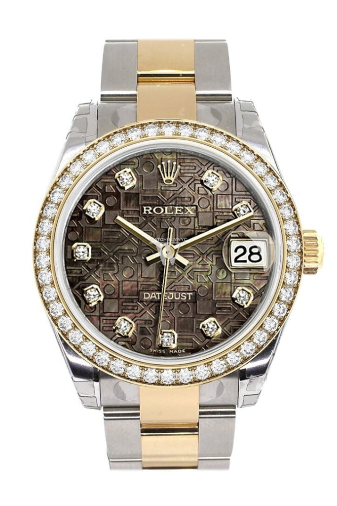 Custom Diamond Bezel Rolex Datejust 31 Black Mother Of Pearl Jubilee Diamonds Dial Ladies Watch Two