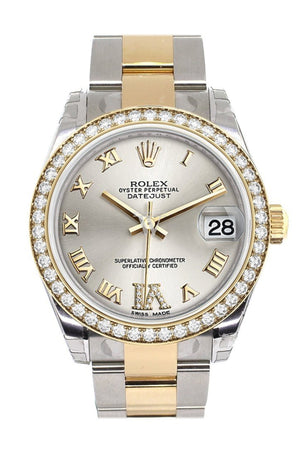 Custom Diamond Bezel Rolex Datejust 31 Silver Roman Large Vi Dial Ladies Watch Two Tone 18K Gold