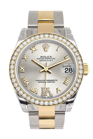Custom Diamond Bezel Rolex Datejust 31 Silver Roman Large Vi Dial Ladies Watch Two Tone 18K Gold