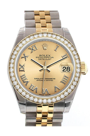 Custom Diamond Bezel Rolex Datejust 31 Champagne Roman Dial Two Tone 18K Gold Jubilee Ladies Watch