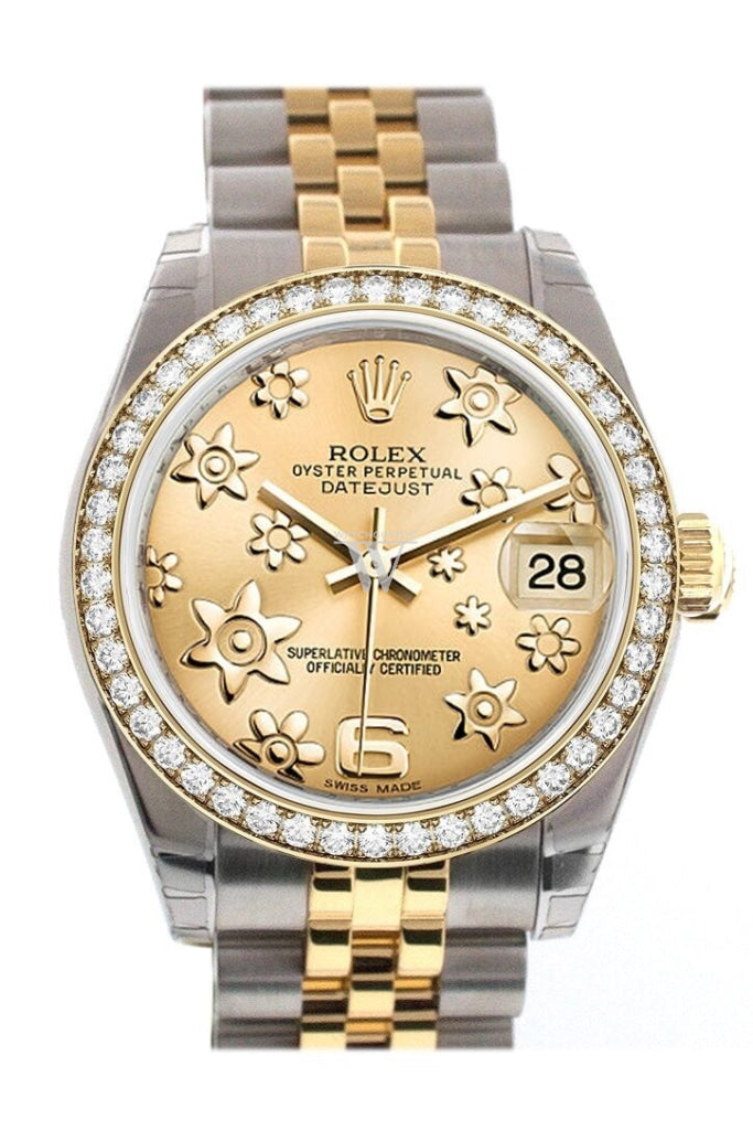 Custom Diamond Bezel Rolex Datejust 31 Champagne Floral Motif Roamn Dial Two Tone 18K Gold Jubilee