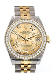 Custom Diamond Bezel Rolex Datejust 31 Champagne Floral Motif Roamn Dial Two Tone 18K Gold Jubilee Ladies Watch 178243