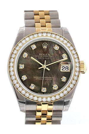 Custom Diamond Bezel Rolex Datejust 31 Black Mother Of Pearl Diamonds Dial 18K Gold Jubilee Watch