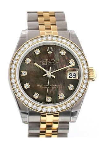 Custom Diamond Bezel Rolex Datejust 31 Black Mother Of Pearl Diamonds Dial 18K Gold Jubilee Watch