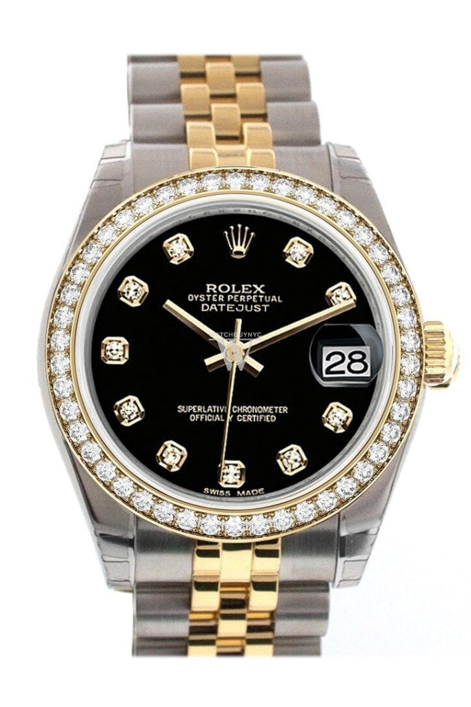 Custom Diamond Bezel Rolex Datejust 31 Black Diamond Dial Two Tone 18K Gold Jubilee Ladies Watch 178243
