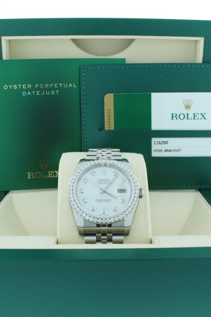 Rolex Custom Datejust 36 Mother Of Pearl Diamond Dial Bezel Mens Watch 116200 Watches
