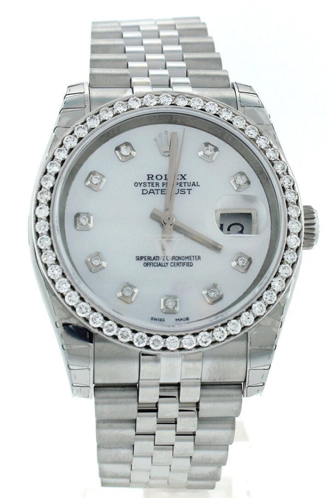 Rolex Custom Datejust 36 Mother Of Pearl Diamond Dial Bezel Mens Watch 116200 Watches