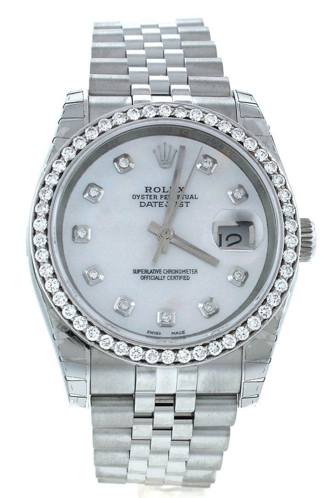 Rolex Custom Datejust 36 Mother Of Pearl Diamond Dial Bezel Mens Watch 116200 Watches