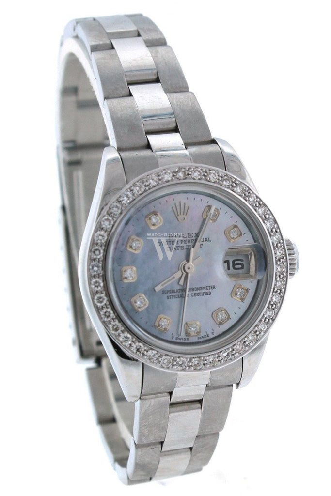 Rolex Custom Datejust 26 Blue Mother Of Pearl Diamond Dial Bezel Mens Watch 179160 Watches