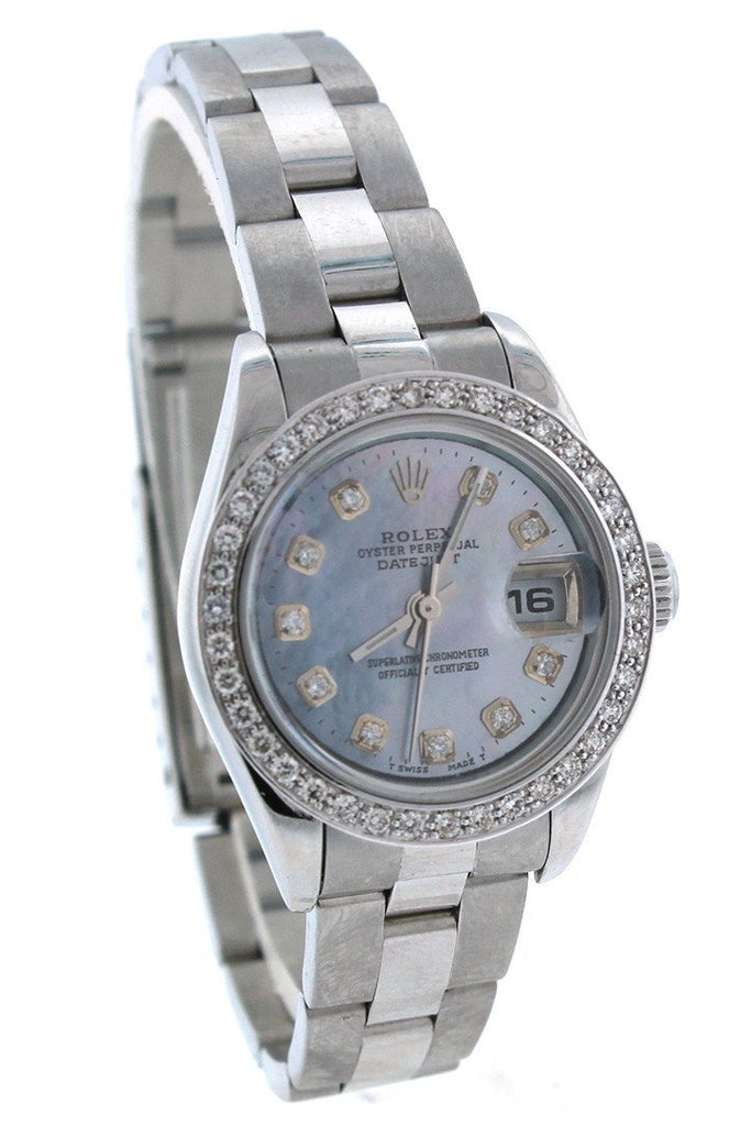 Rolex Custom Datejust 26 Blue Mother Of Pearl Diamond Dial Bezel Mens Watch 179160 Watches