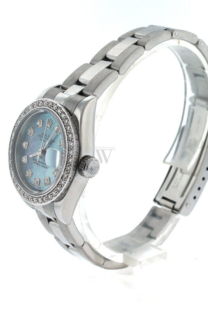 Rolex Custom Datejust 26 Blue Mother Of Pearl Diamond Dial Bezel Mens Watch 179160 Watches