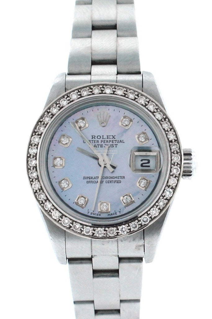 Rolex Custom Datejust 26 Blue Mother Of Pearl Diamond Dial Bezel Mens Watch 179160 Watches