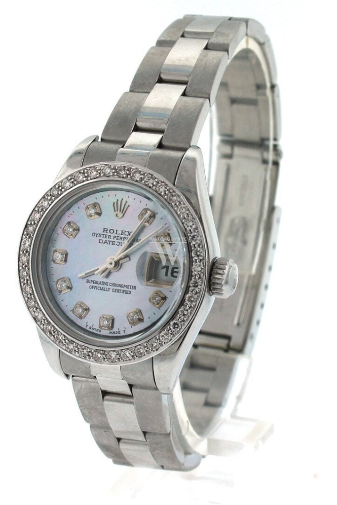 Rolex Custom Datejust 26 Blue Mother Of Pearl Diamond Dial Bezel Mens Watch 179160 Watches
