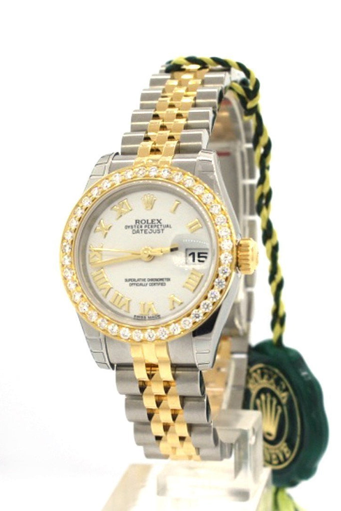 Rolex Custom Datejust 26 White Roman Dial Diamond Bezel Ladies Watch 179173 Custom-Bezel
