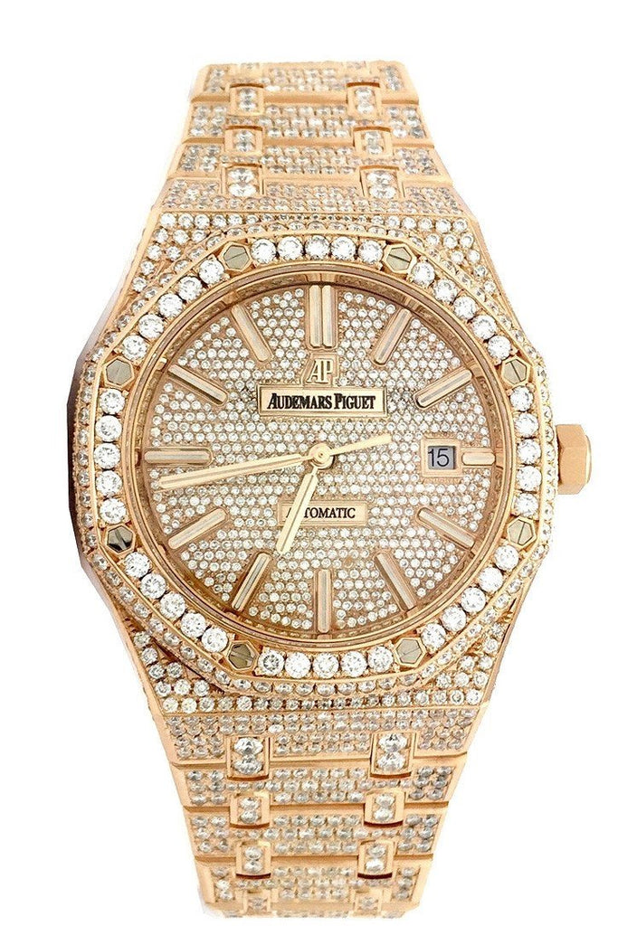 Audemars Piguet Royal Oak 41 With Custom Diamonds Pink Gold Mens Watch 15400Or.oo.1220Or.02 Silver