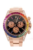 Custom Diamond Rolex Cosmograph Daytona Rainbow colored baguette Bezel Rose Gold Oyster Men's Watch 116505