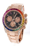 Custom Diamond Rolex Cosmograph Daytona Rainbow Colored Baguette Bezel Rose Gold Oyster Mens Watch