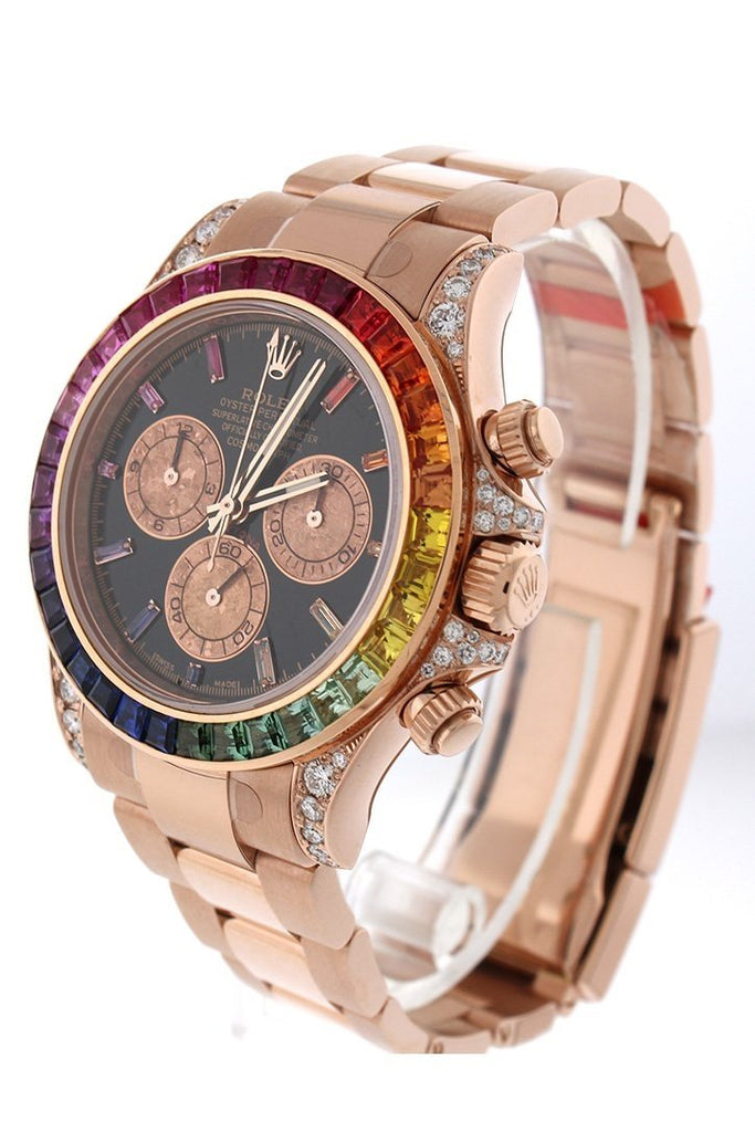 Custom Diamond Rolex Cosmograph Daytona Rainbow Colored Baguette Bezel Rose Gold Oyster Mens Watch