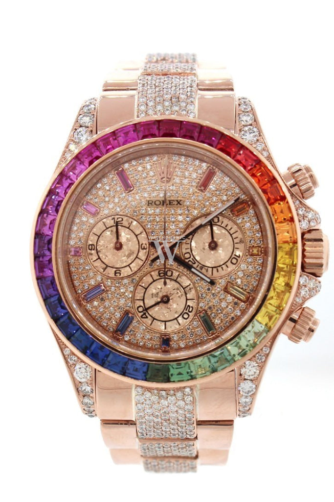 Custom Diamond Rolex Cosmograph Daytona Rainbow Bezel Rose Gold 116505 WatchGuyNYC