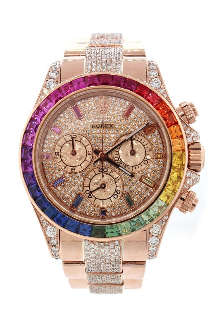 Custom Diamond Rolex Cosmograph Daytona Rainbow Colored Baguette Bezel Rose Gold Oyster Mens Watch