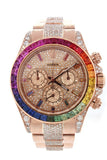 Custom Diamond Rolex Cosmograph Daytona Rainbow colored baguette Bezel Rose Gold Oyster Men's Watch 116505