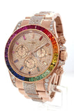 Custom Diamond Rolex Cosmograph Daytona Rainbow Colored Baguette Bezel Rose Gold Oyster Mens Watch