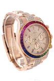 Custom Diamond Rolex Cosmograph Daytona Rainbow Colored Baguette Bezel Rose Gold Oyster Mens Watch