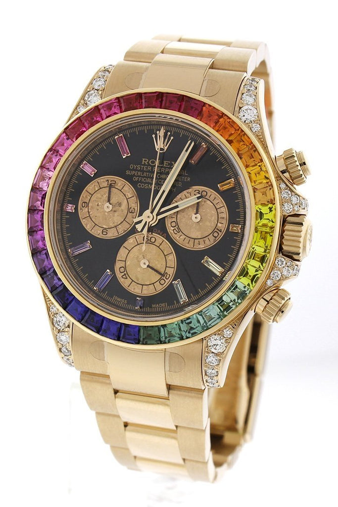 Custom Diamond Rolex Cosmograph Daytona Rainbow Colored Baguette Bezel Yellow Gold Oyster Mens Watch