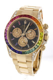 Custom Diamond Rolex Cosmograph Daytona Rainbow Colored Baguette Bezel Yellow Gold Oyster Mens Watch