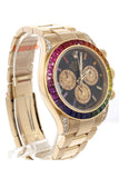 Custom Diamond Rolex Cosmograph Daytona Rainbow Colored Baguette Bezel Yellow Gold Oyster Mens Watch