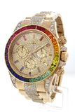 Custom Diamond Rolex Cosmograph Daytona Rainbow Colored Baguette Bezel Yellow Gold Oyster Mens Watch