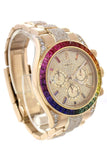 Custom Diamond Rolex Cosmograph Daytona Rainbow Colored Baguette Bezel Yellow Gold Oyster Mens Watch