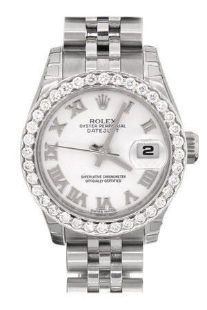 Rolex Datejust 26 White Roman Dial Custom Diamond Bezel Ladies Watch 179160 / None Custom-Bezel