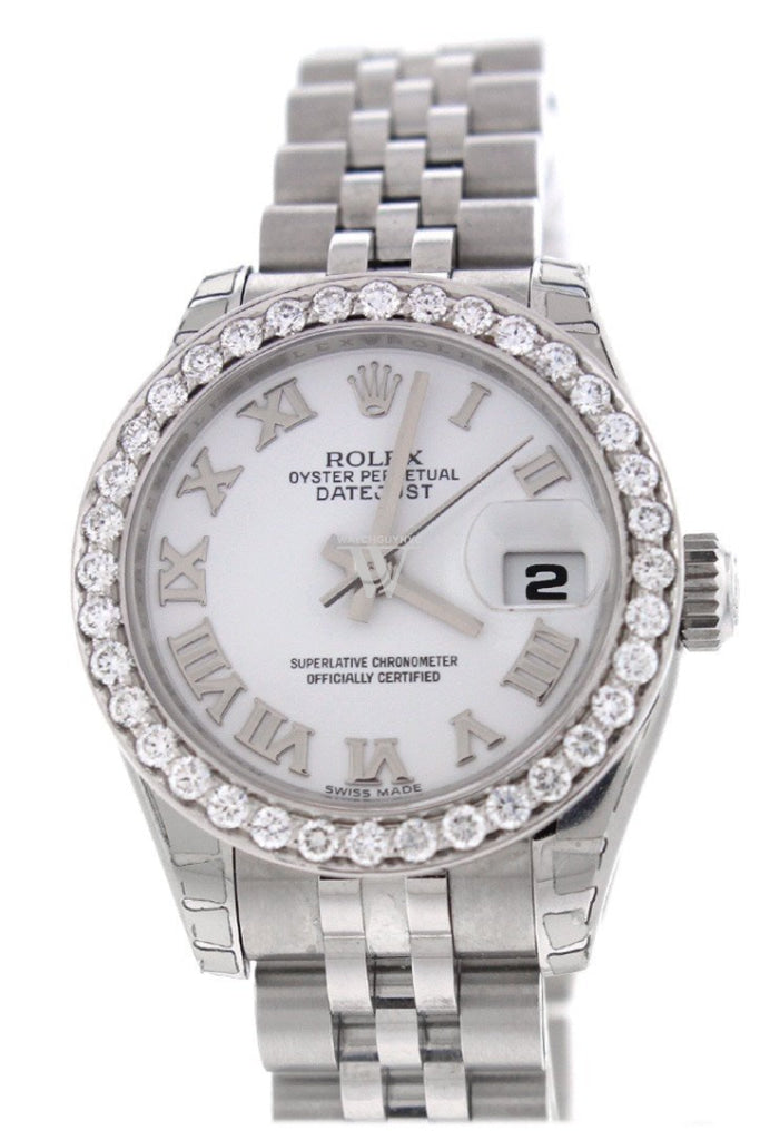 Rolex Datejust 26 White Roman Dial Custom Diamond Bezel Ladies Watch 179160 Custom-Bezel
