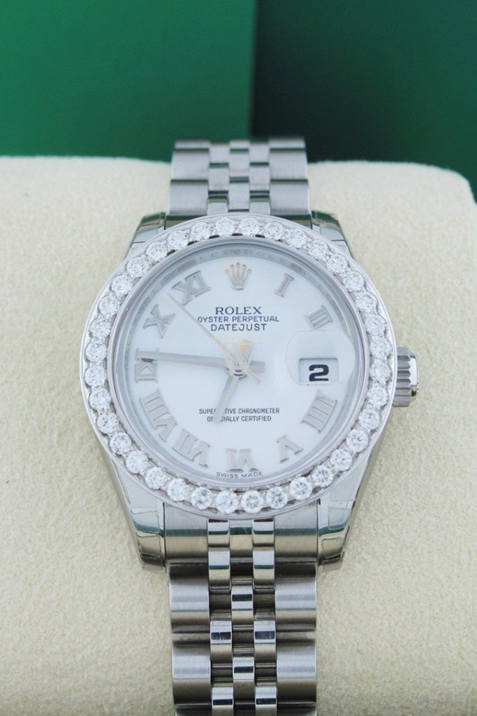 Rolex Datejust 26 White Roman Dial Custom Diamond Bezel Ladies Watch 179160 Custom-Bezel