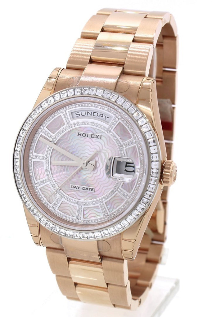Rolex 118395BR Day Date 36 Carousel of Pink Mother of Pearl Diamond Dial Everose gold Watch 118395BR WatchGuyNYC