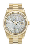 Rolex Day-Date 36 White mother-of-pearl Diamonds Dial Fluted Bezel President Yellow Gold Watch 118238